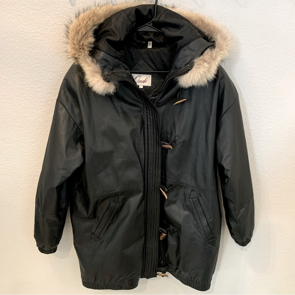 Vintage 90s Black Leather Oversized Parka Jacket Coat Bomber Racoon Fur Hood L